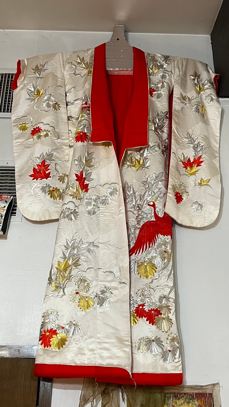 Embroidered Silk Kimono with Crane Motif