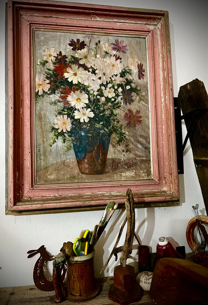 Floral Still Life Painting in Distressed Frame